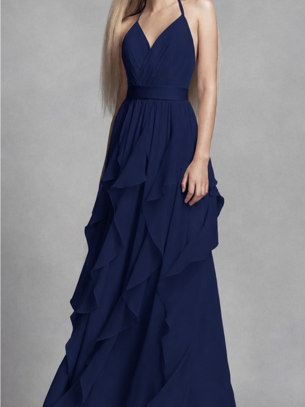 White by Vera Wang Womenβs Dress Size 4 Navy Ruffle Halter Maxi Gown